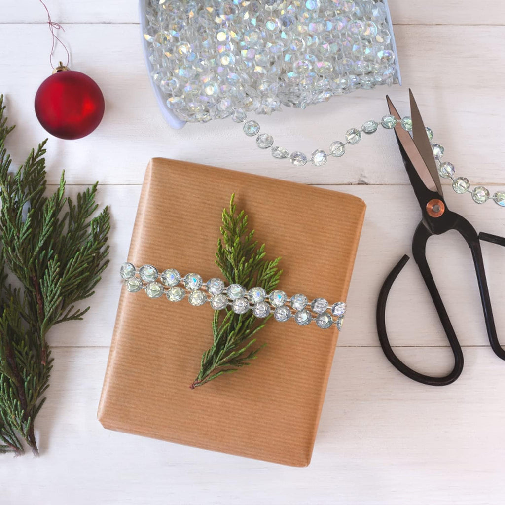 99ft Crystal Bead Garland for Christmas Tree Decorations, Iridescent Acrylic Beaded Garland Strand Roll