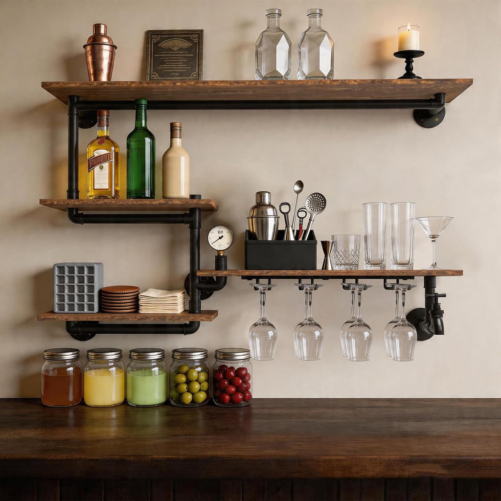 Industrial Pipe Shelving Wine Rack Wall Mounted,Bar Shelves Hanging Wine Rack with 4 Stem Glass Holder,Liquor Bottle