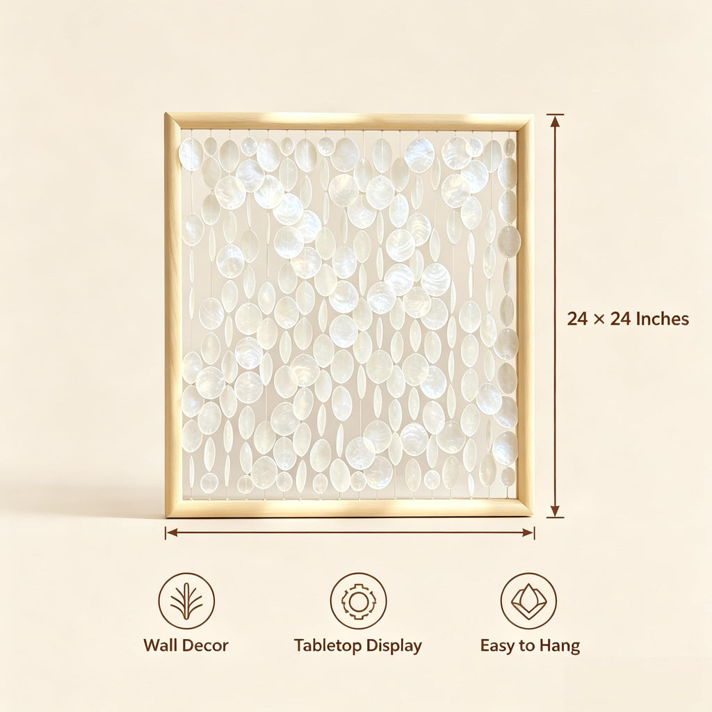 24x24 inch Handmade Capiz Shell Wall Art, Minimalist White Shell Wall Hanging with Wooden Frame, Coastal Wall Decor