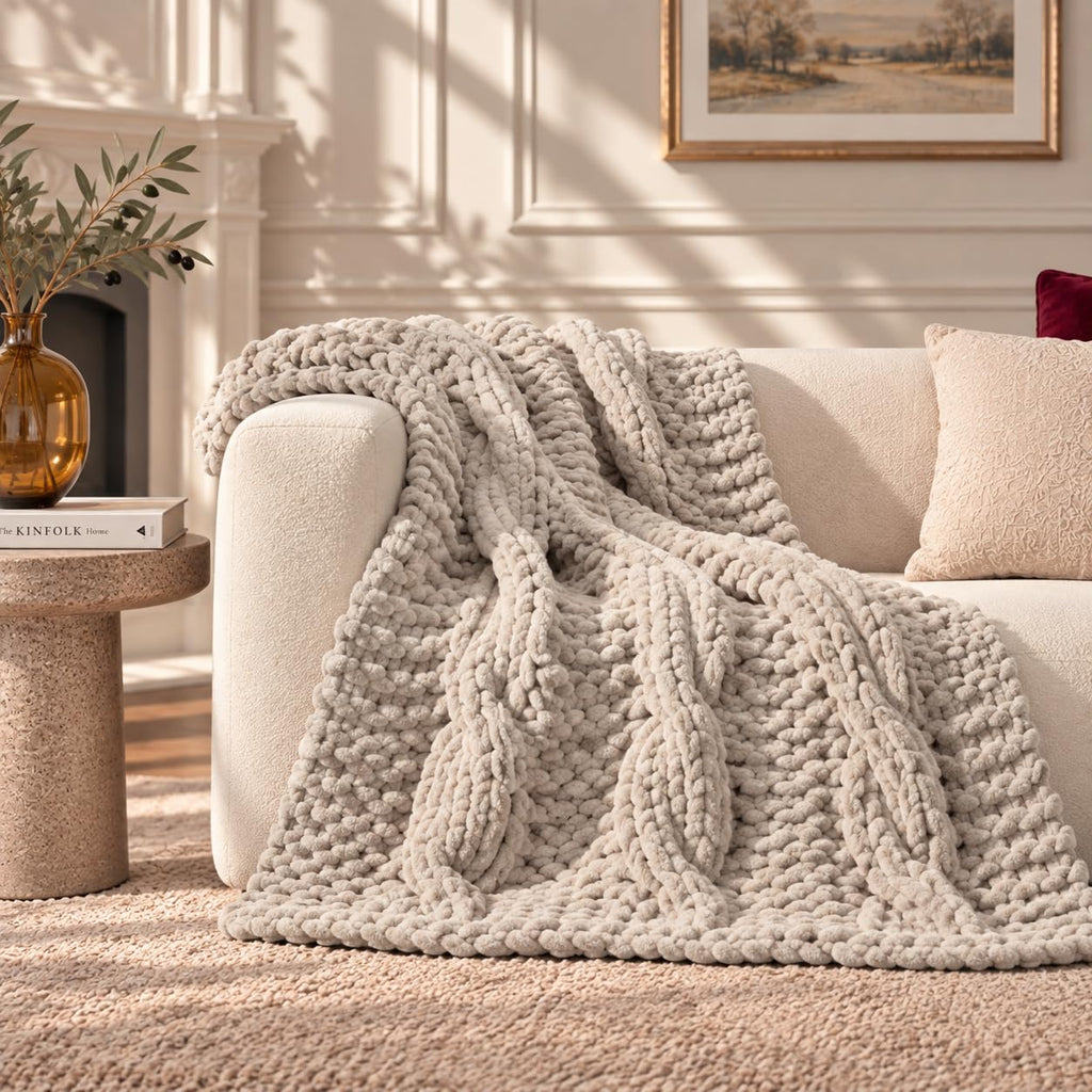 Chunky Knit Blanket Throw - 100% Hand Knitted Thick and Warm Throw for Winter, Linen, 50x60 Inches, Crochet