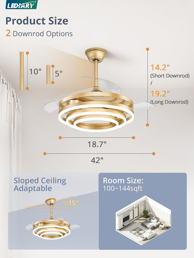 42 Inch Retractable Ceiling Fan with Lights, Modern Gold Fandelier