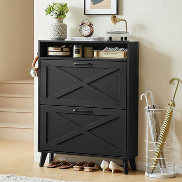 Narrow Shoe Cabinet with 2 Flip Drawers, Black