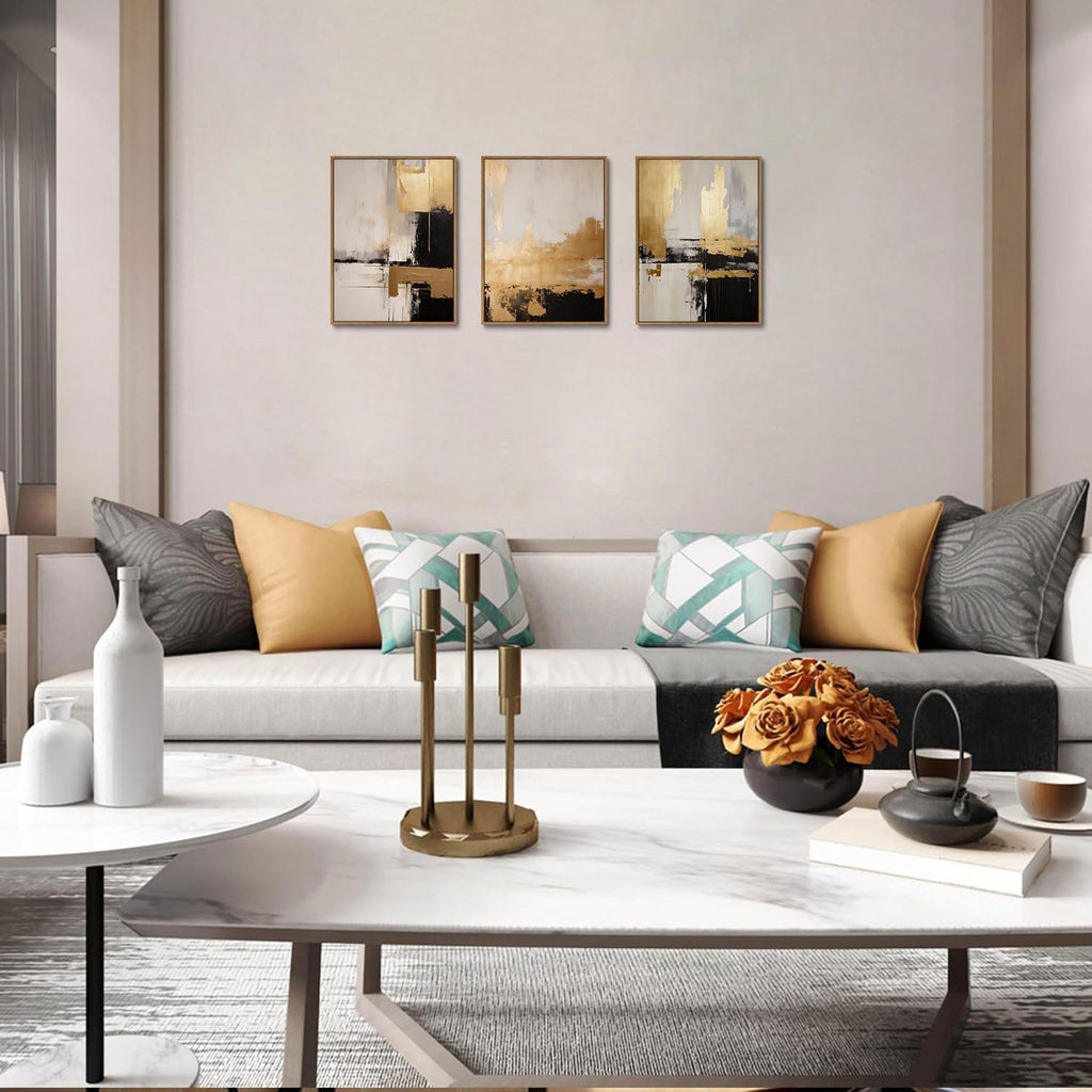 3 Piece Framed Wall Art Abstract Wall Decor Black Gold Pictures Modern Minimalist Canvas Art Large Luxury Paintings