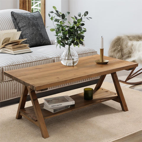 Solid Wood Coffee Table - 42.5” Firwood Farmhouse Rustic Wooden Coffee Tables, Solid Firwood Rectangle Coffee Table