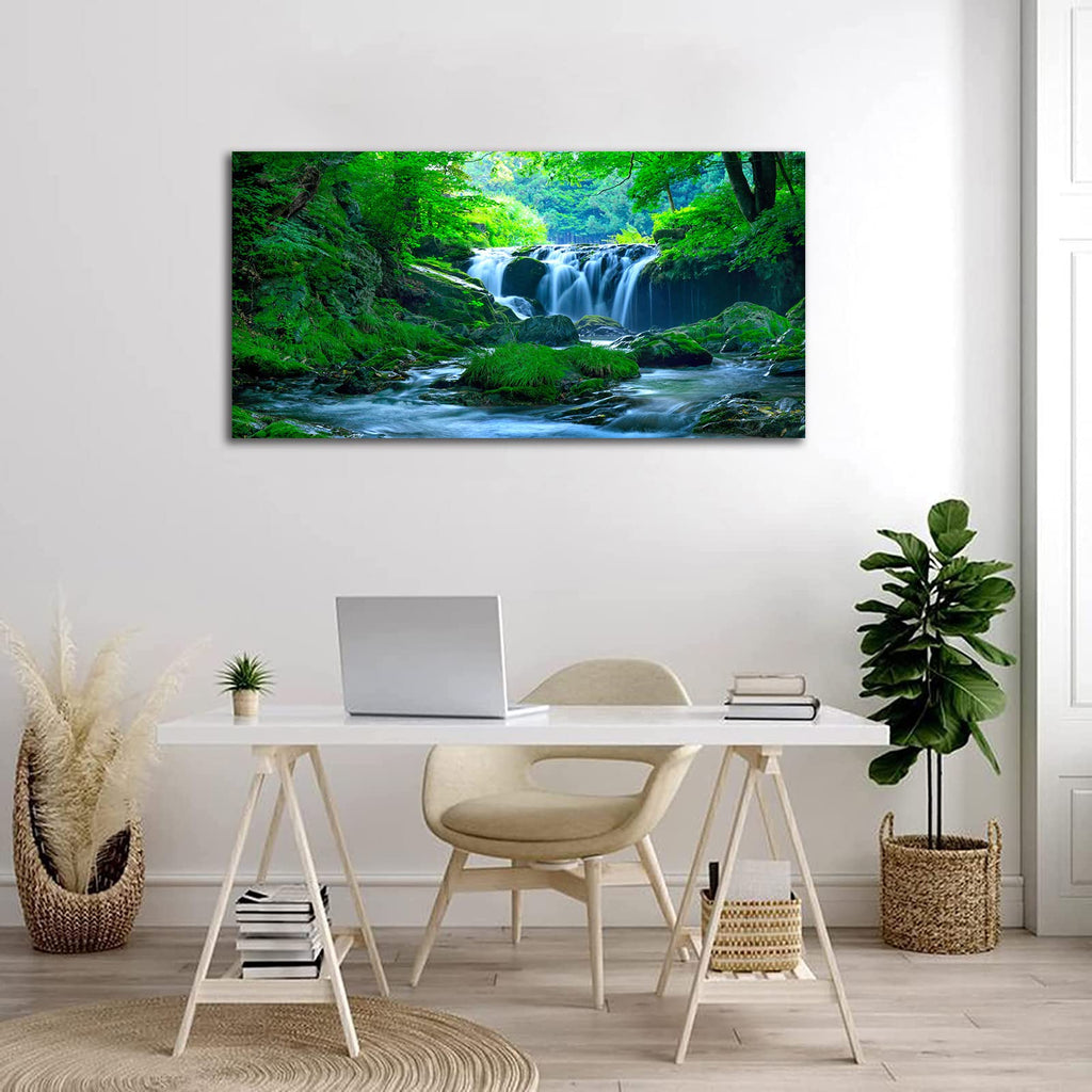 Green Forest Canvas Wall Art Waterfall Pictures Wall Decor Green Nature Landscape Canvas Painting Calming Nature