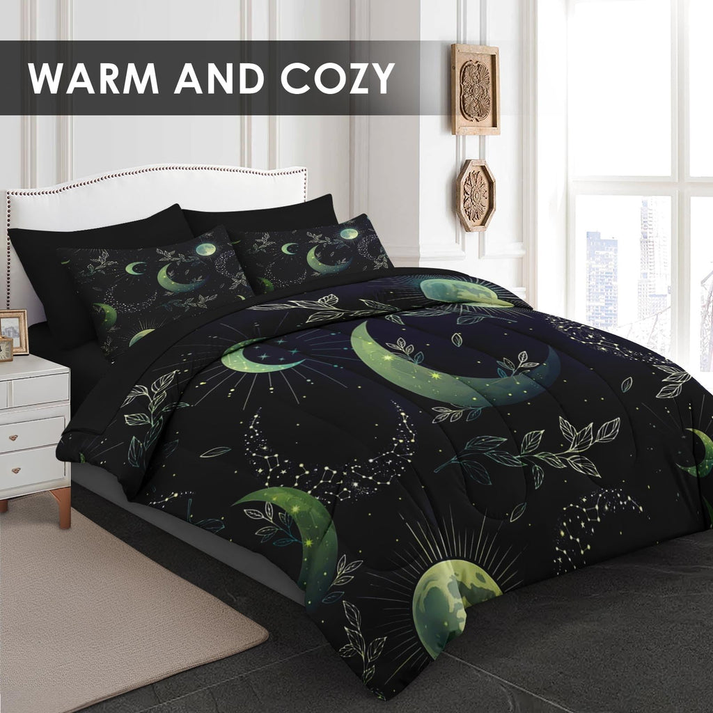 Queen Comforter Set with Sheets, 7 Pieces Witchy Green Boho Bedding