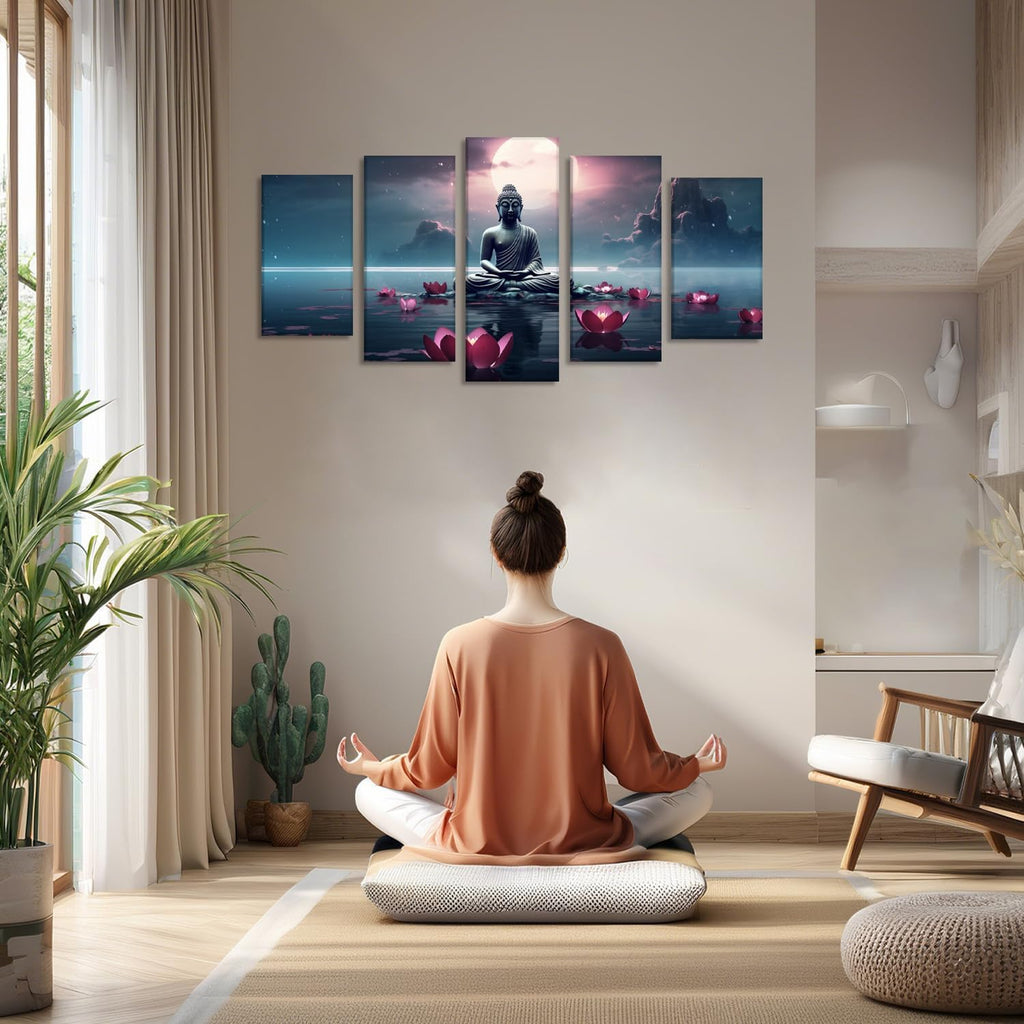 Buddha Canvas Wall Art 5 Piece Zen Wall Decor Pink Lotus Prints Meditation Picture for Yoga Spa Spiritual Room Home