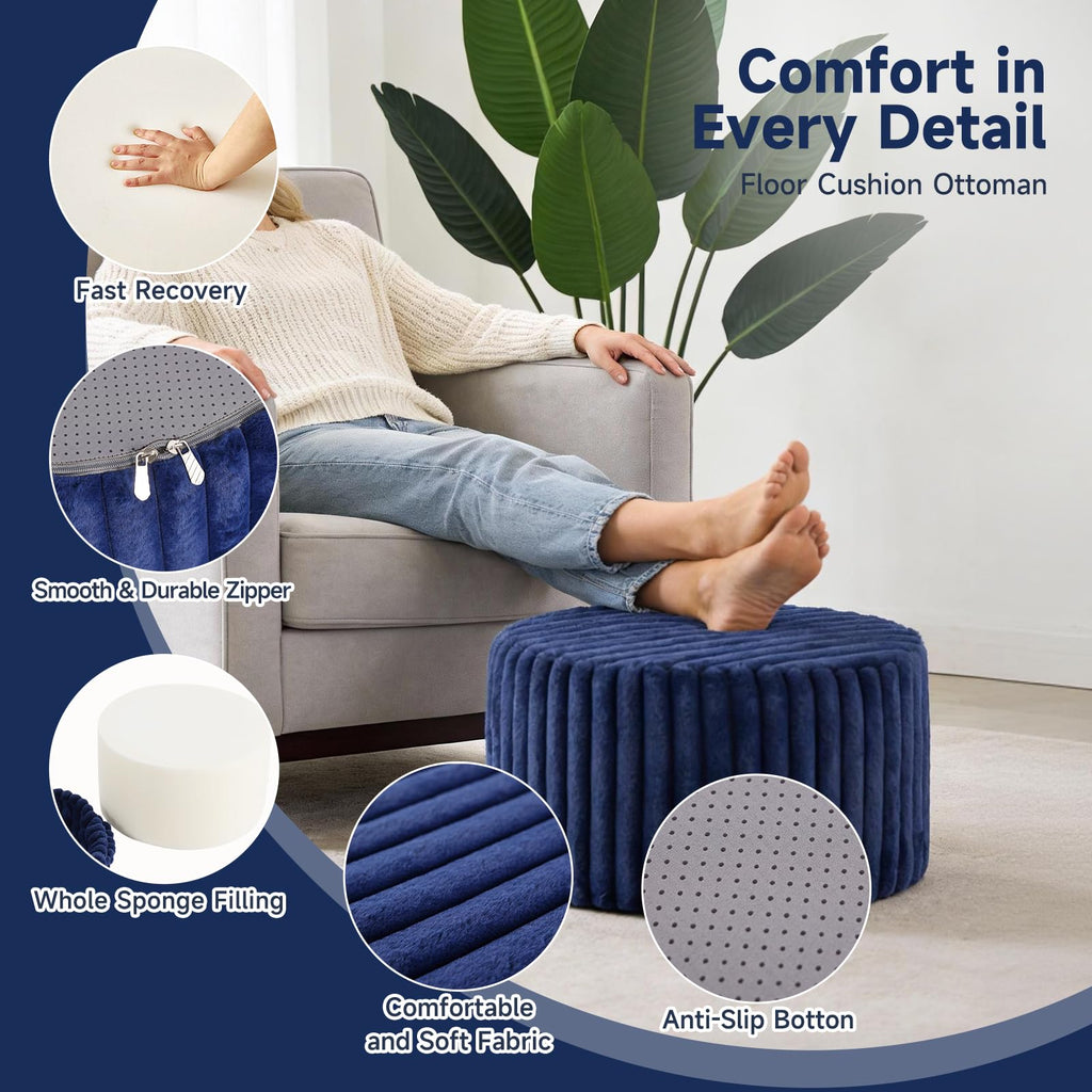 Round Stuffed Pouf Ottoman, Soft Foot Stool with Solid Foam Block