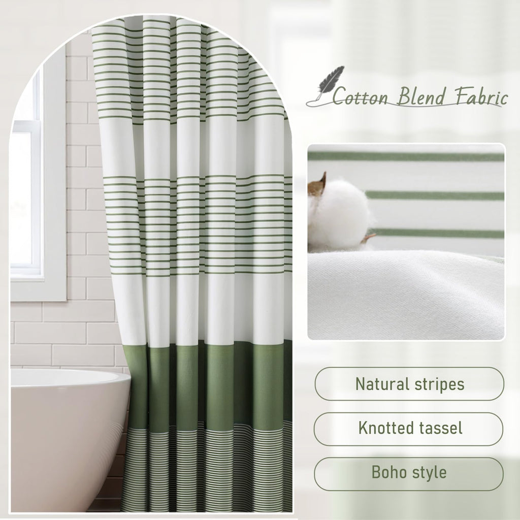 Sage Green Boho Cotton Striped Shower Curtain with Tassel 72"W X 84"L