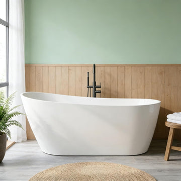 59" Freestanding Bathtub, Black Exterior White Interior Acrylic Stand Alone Soaking Tub, Modern Oval Bath with