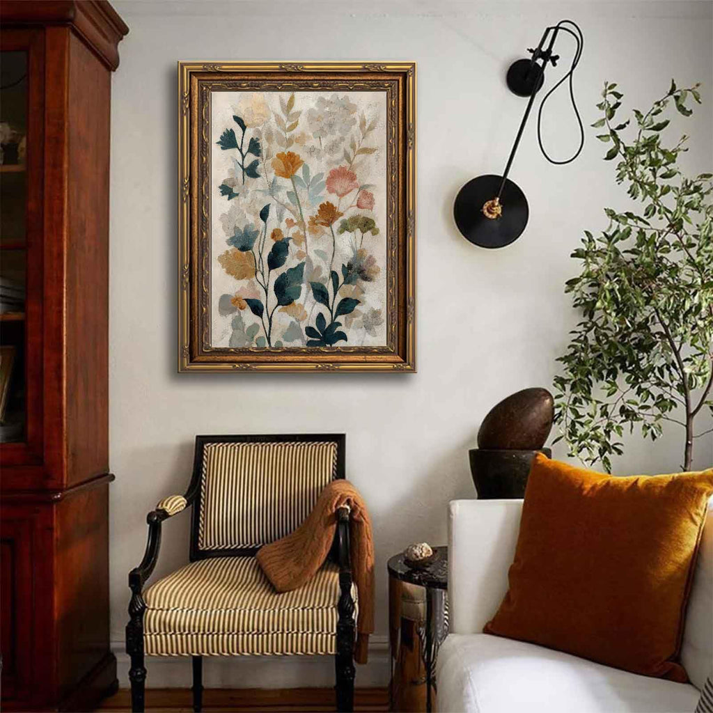 Gold Framed Beige Floral Canvas Wall Art Vintage Country Botanical Earth Tone Flower painting Decor Pictures Boho