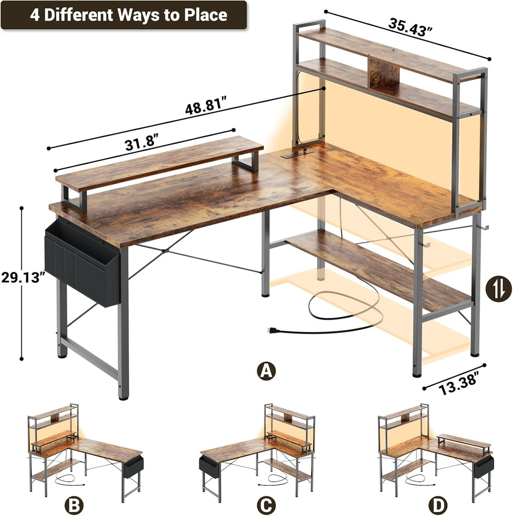 L Shaped Gaming Desk with Power Outlets & LED Lights, Rustic Brown | Small L- Shaped Desk Computer Corner Desk with