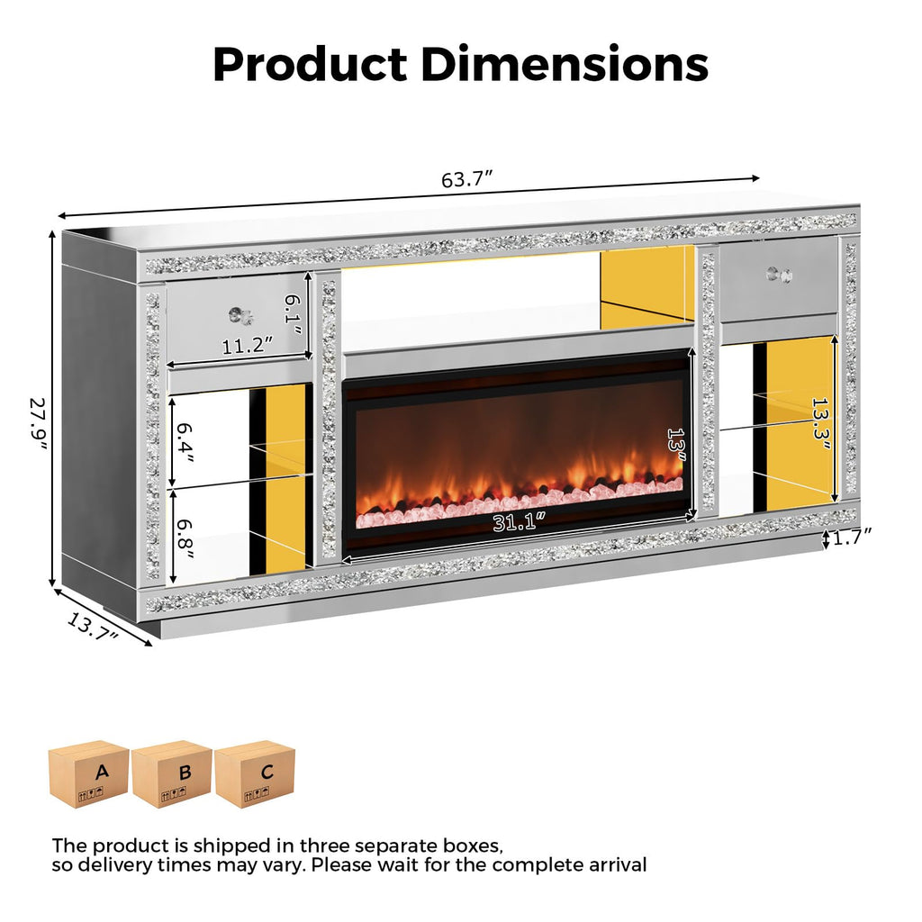 Mirrored TV Stand with Fireplace for 70 Inch TVs