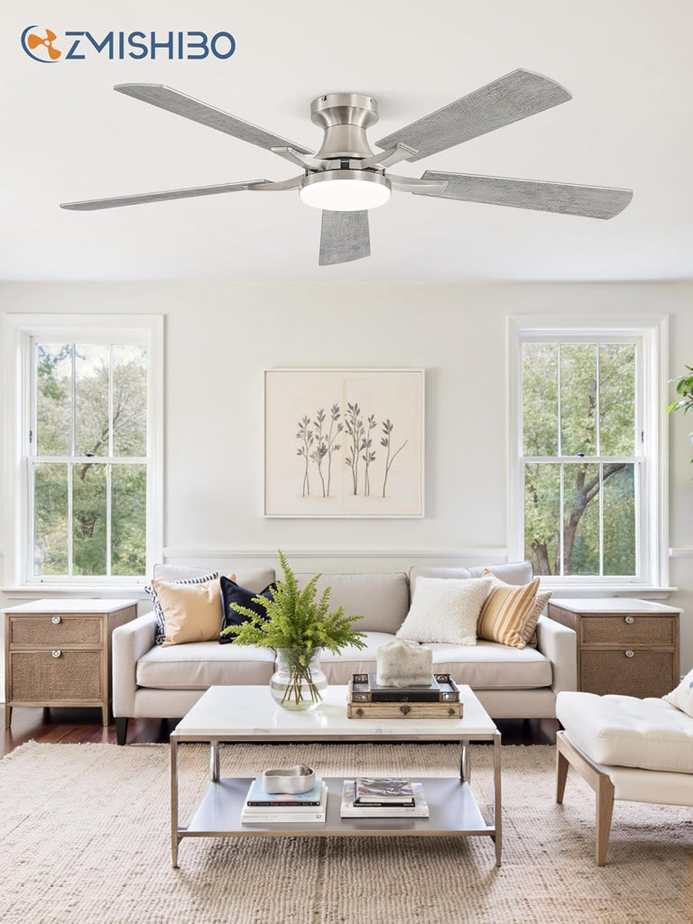 52 Inch Ceiling Fan with Light, App&Remote Control, Flush Mount Low Profile, Dimmable 20W LED Light, Quiet Reversible Motor for Bedroom, Living Room, Apartment, Nickel A101-B0DPHBW77W