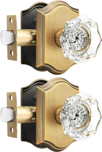 Clear Glass Crystal Passage Door Knobs,Antique Brass Interior Crystal Door Handles for Hall Closet,2 Pack Keyless