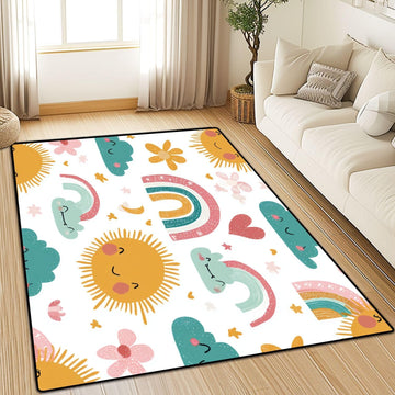 Area Rug Low Pile Seamless Childish Rainbows Sun Moon Scandi Washable Throw Rug Non-Slip Non-Shedding Rug