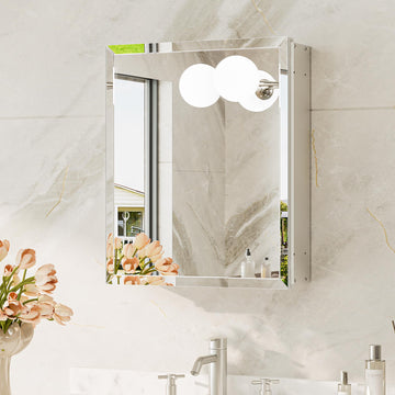 14 x 18 Recessed Medicine Cabinet with Mirror, Assembly Required, Silver Medicine Cabinet, Tempered Beveled Mirror