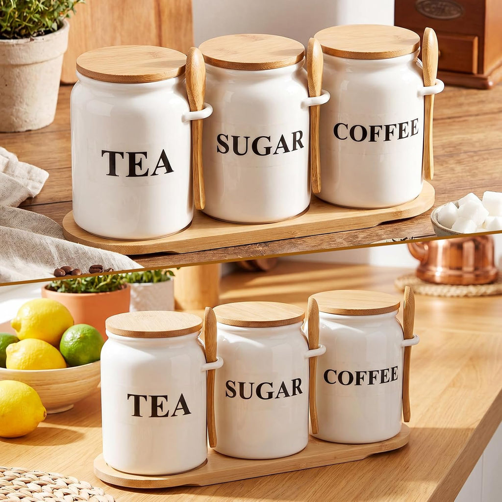 Coffee Sugar and Tea Canister Set with Tray and Spoon 27 oz Ceramic Farmhouse White Container Jar - Set of 3