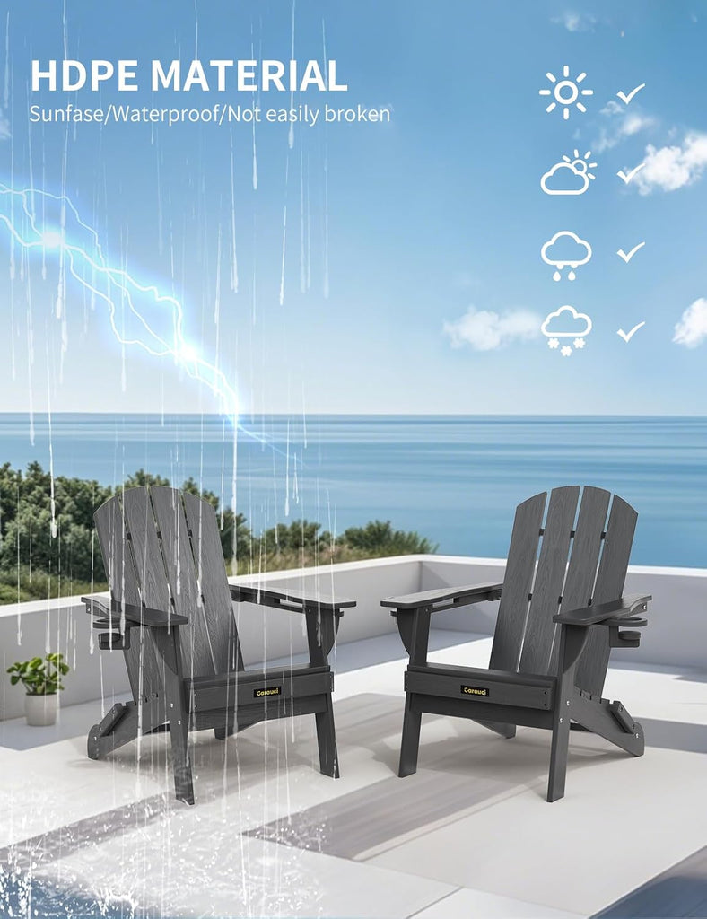 Folding Adirondack Chair Set of 2, Wooden Textured Plastic Adirondack Chairs with 2 Cup Holder, Weather Resistant