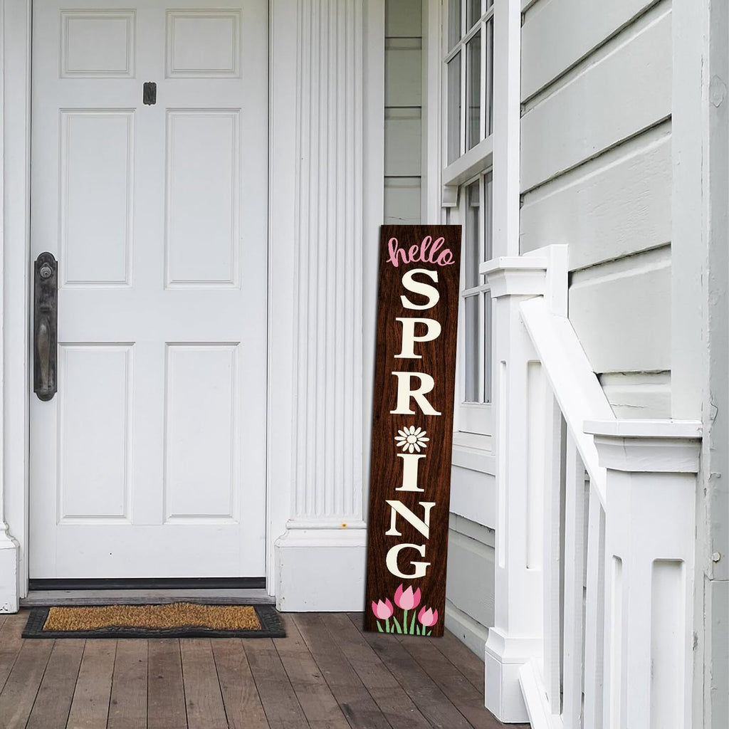 Hello Spring Wooden Porch Sign 47" Tulip Large Welcome Sign Vertical Indoor Outdoor Standing Sign For Garden Home
