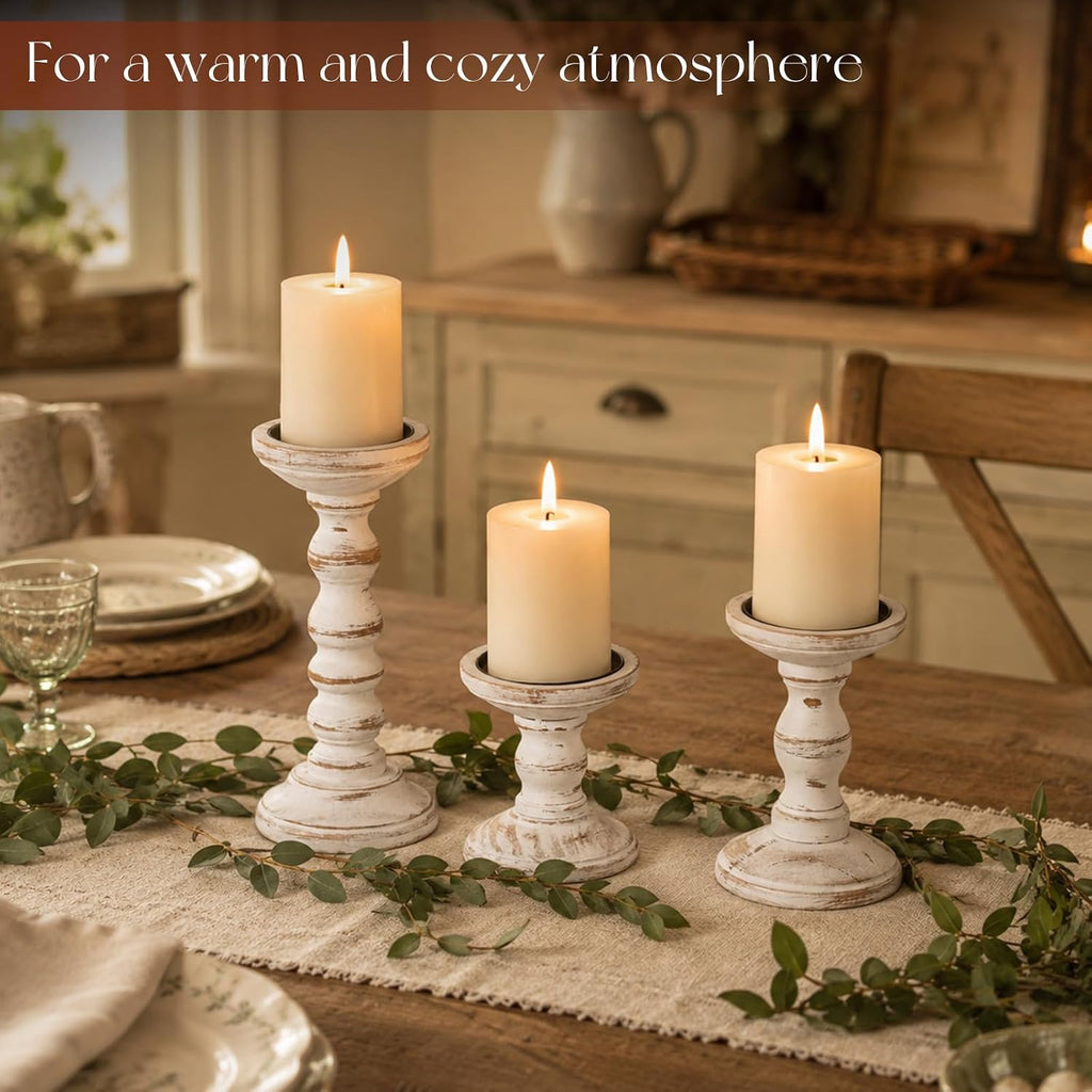 Wood Candle Holder for Pillar, White Farmhouse Fireplace Decor | Set of 3, Table Centerpiece, Tall Shabby Chic Decor