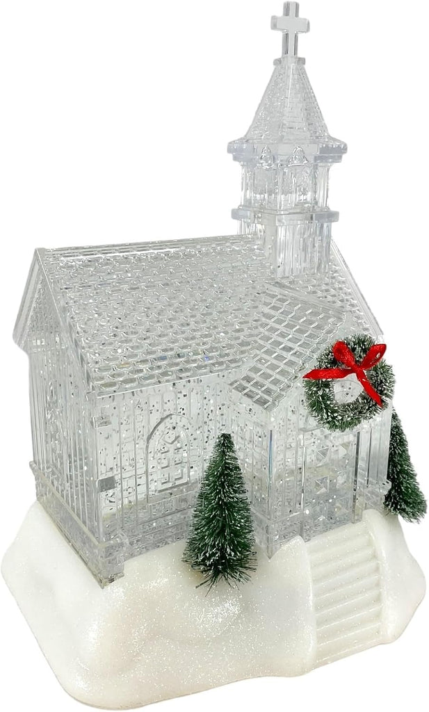 Battery Operated Lighted Holiday Spinning Water Globe Church, 9.25-inch Height