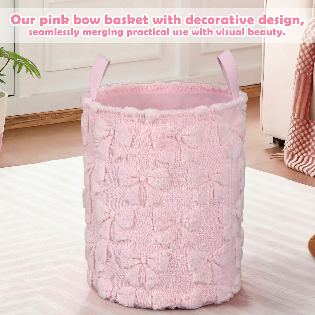 Coquette Pink Bow Laundry Basket 18 x 14 Inch Coquette Storage Basket for Girls Nursery Hamper Foldable Fluffy Plush