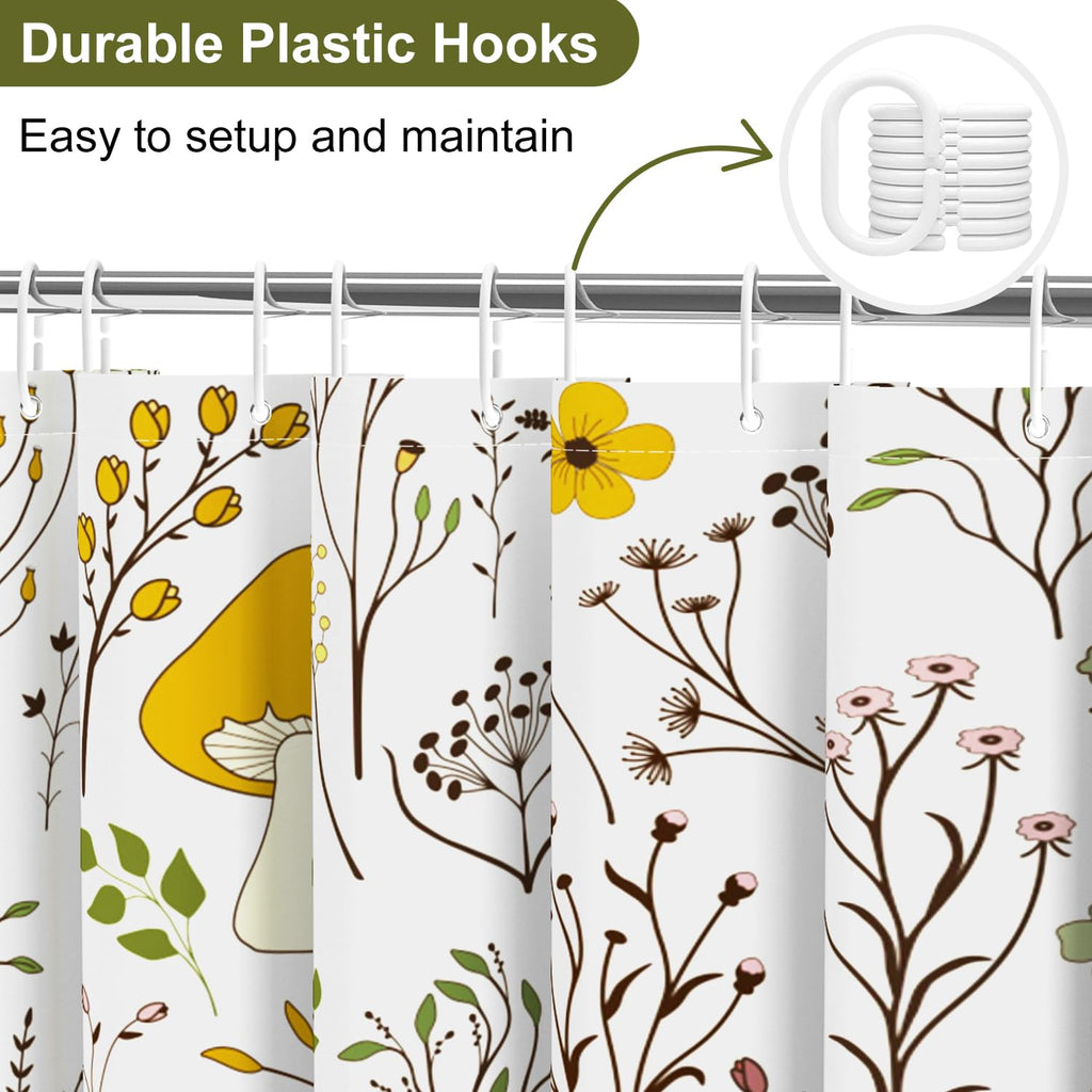 Mushroom Shower Curtain, Boho Floral Waterproof Shower Curtain Bathtub Home Curtain Decor with Hooks, Machine