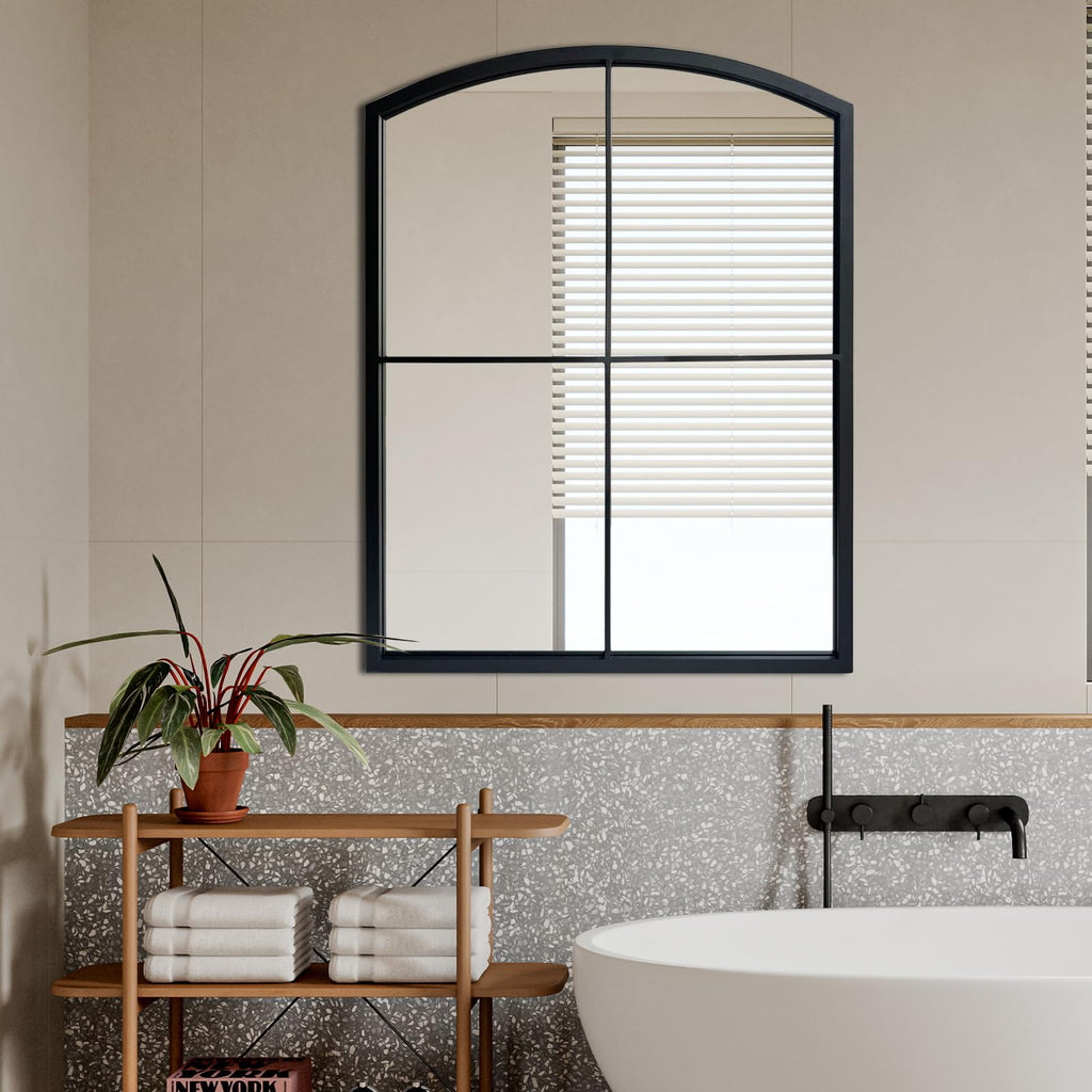Black Window Pane Mirror, Farmhouse Arched Grid Mirrors for Fireplace/Entryway/Hallway/Living Room 28"X36"