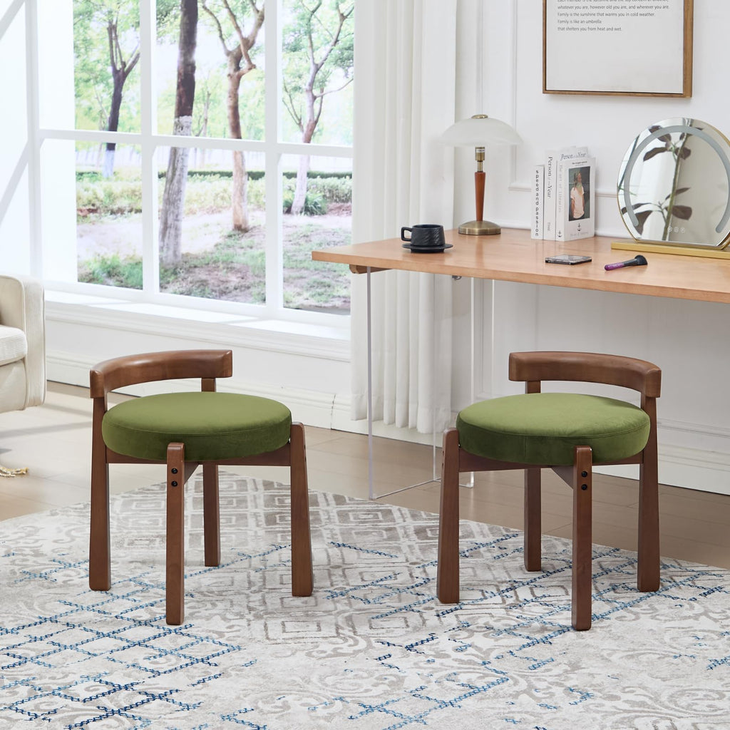Modern Vanity Chair Upholstered Small Ottoman Footstool, Make Up Stool Velvet Fabric with Backrest Wooden Frame
