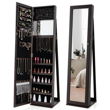 Jewelry Cabinet with Full-length Mirror, Jewelry Storage Organizer with Makeup Mirror, Back Storage Shelf, Lockable