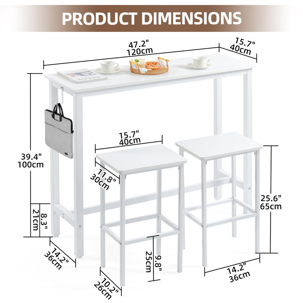 47" Industrial Bar Table Set with 2 Stools - Counter Height Dining & Pub Table for Small Spaces, Kitchen, Apartment