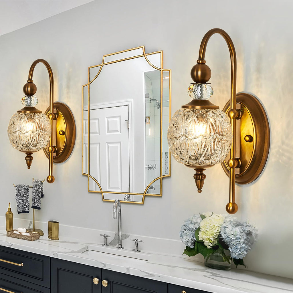 Vintage Gold Wall Sconce Set of Two Mid Century Brushed Brass with Glass Globe Shade Vanity Light Indoor G9 Bulb Wall