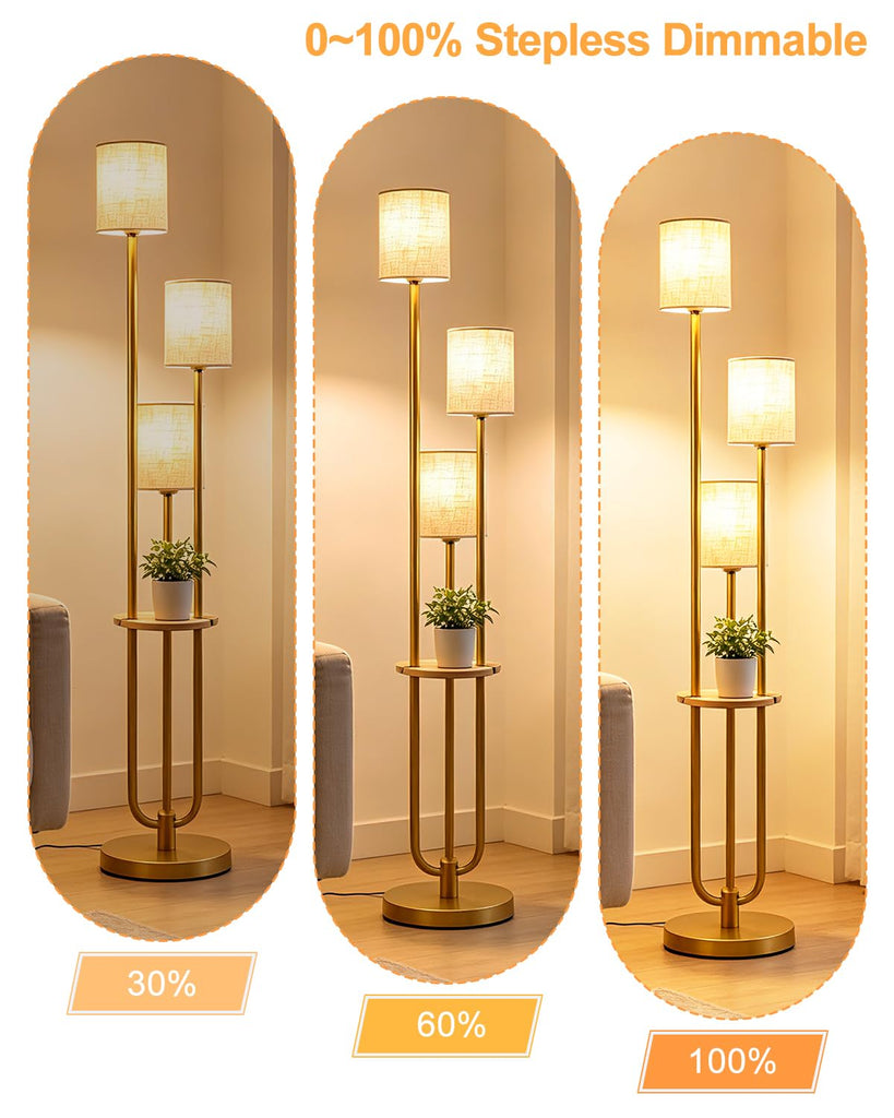 Dimmable Floor Lamp 3-Light Modern Floor Lamps with Table 3000K Warmwhite Gold Standing Lamp with 5Lbs Heavy Base