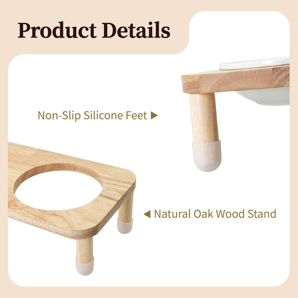 11.8 oz Elevated Ceramic Double Cat Bowl Set - Modern Lead-Free Feeder with Natural Oak Wood Stand (Oak Stand & 2