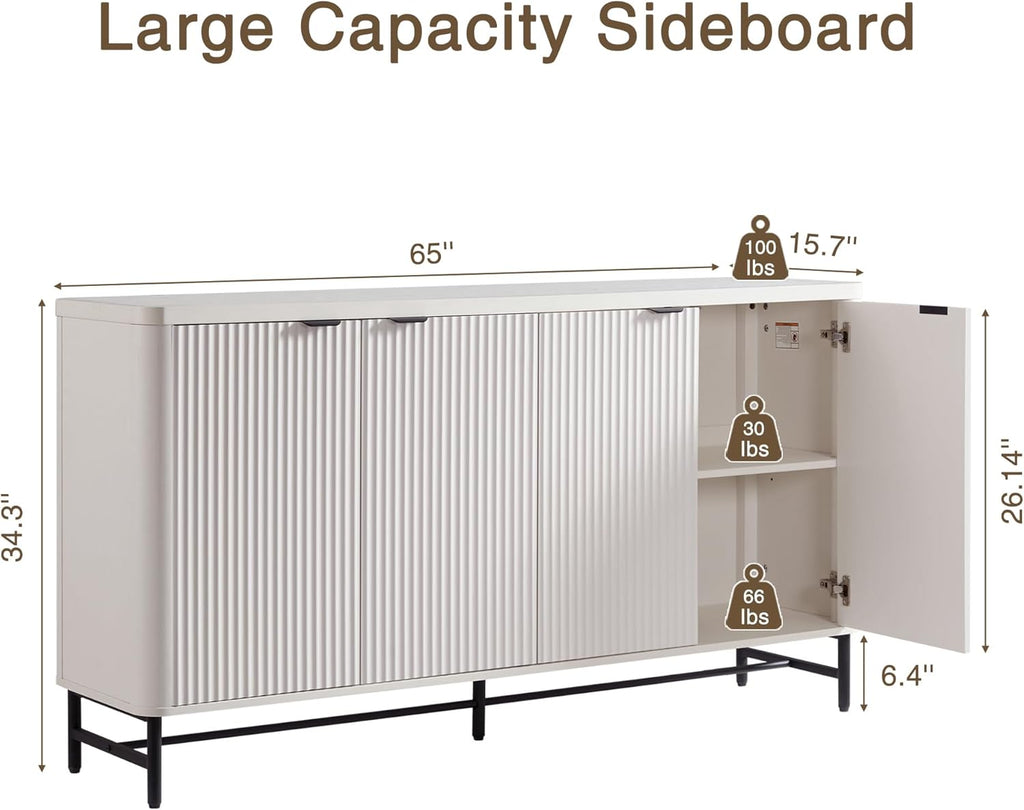 65" Buffet Cabinet with Storage, Fluted Credenza Sideboard with 4 Doors & Adjustable Shelves