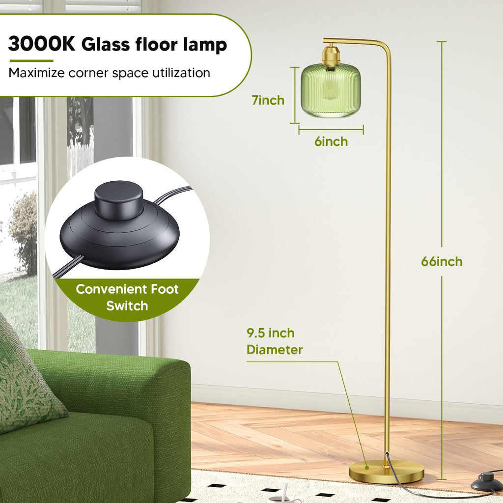 66" Gold Floor Lamp, Standing Lamp with Green Ribbed Glass