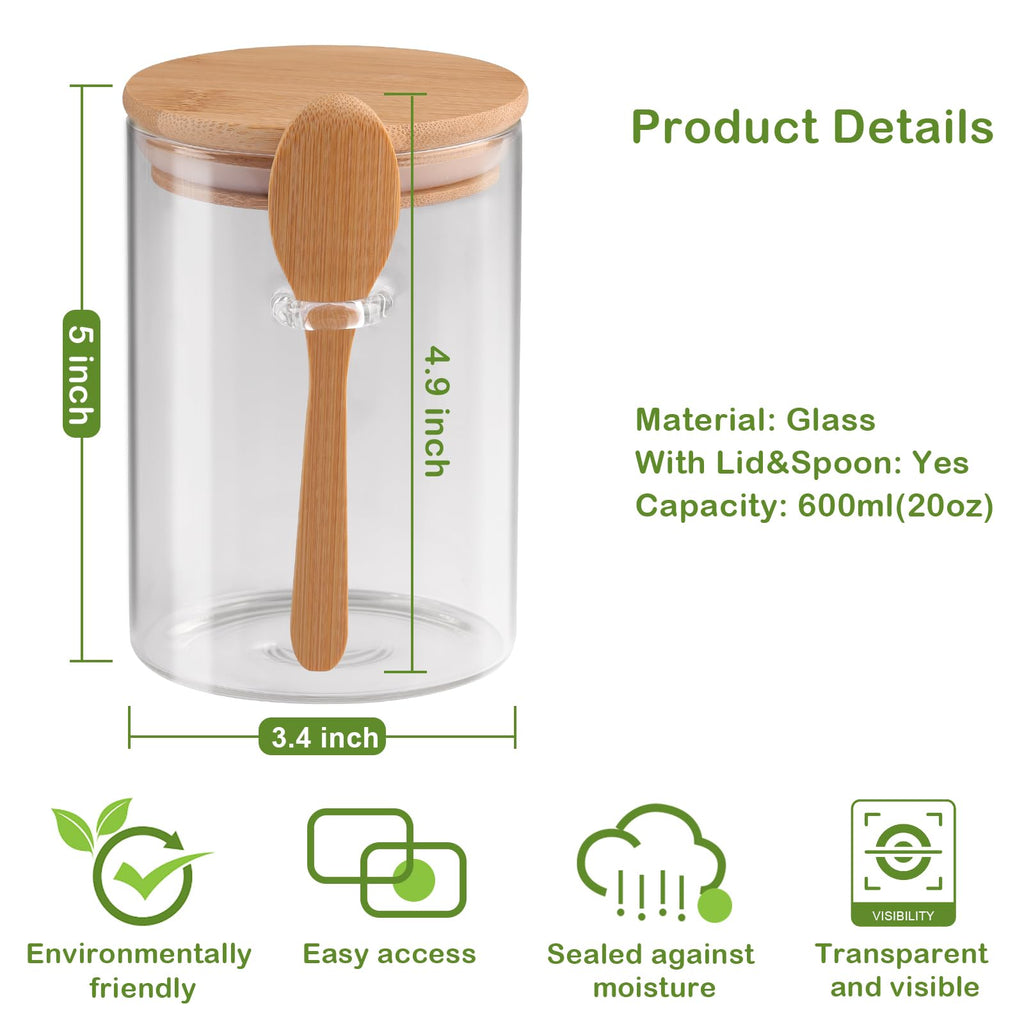 Set of 3 Airtight Glass Jars with Bamboo Lids and Spoons - 20oz Decorative and Durable Borosilicate Glass Canisters