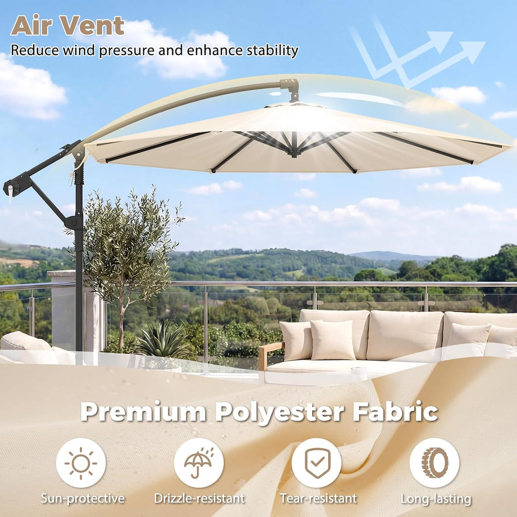 10ft Patio Umbrella with Base Included, Offset Cantilever Outdoor Umbrella with 360 Degree Rotation, Crank Handle