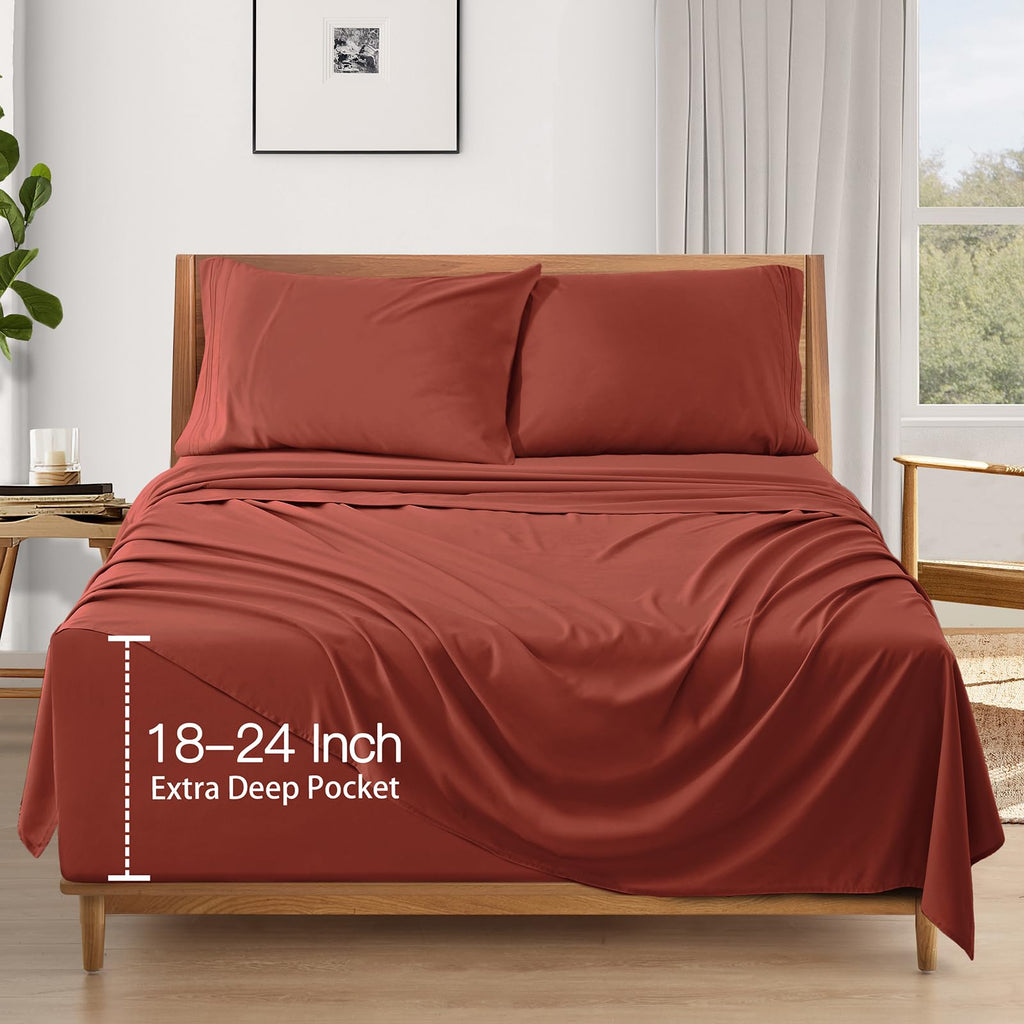4 Piece Extra Deep Pocket King Sheets Set, Rust