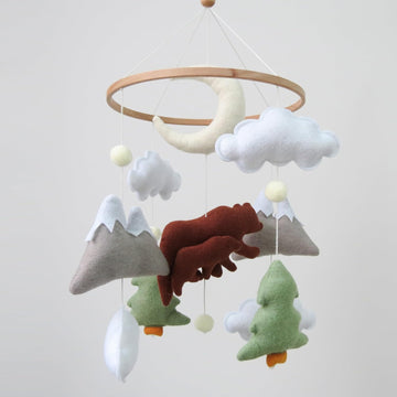 Woodland Bear Baby Mobile for Crib - Neutral Felt Mounta Decor | Hand-Stitched Hanging Toys for Boy & Girl Baby