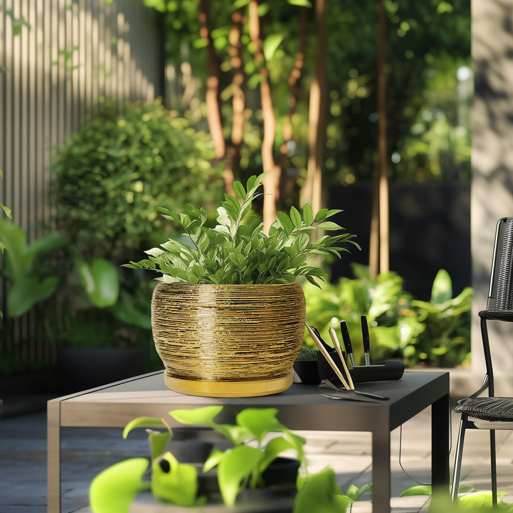 Ceramic Planter for Indoor Plants - 10 Inch Plant Pot with Drainage Hole and Saucer, Modern Round Planter Outdoor