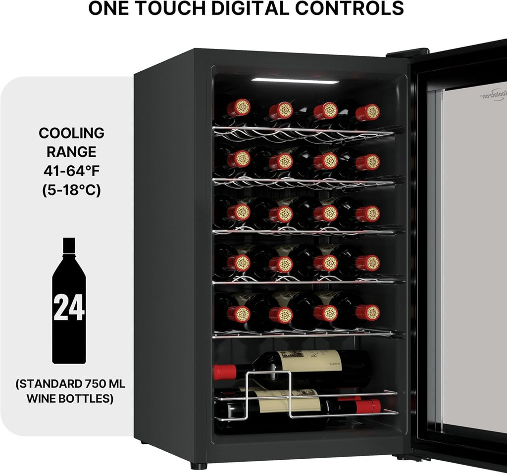 24 Bottle Wine Cooler Black Compressor Wine Fridge | 2.4 cu ft (68 L) Freestandi