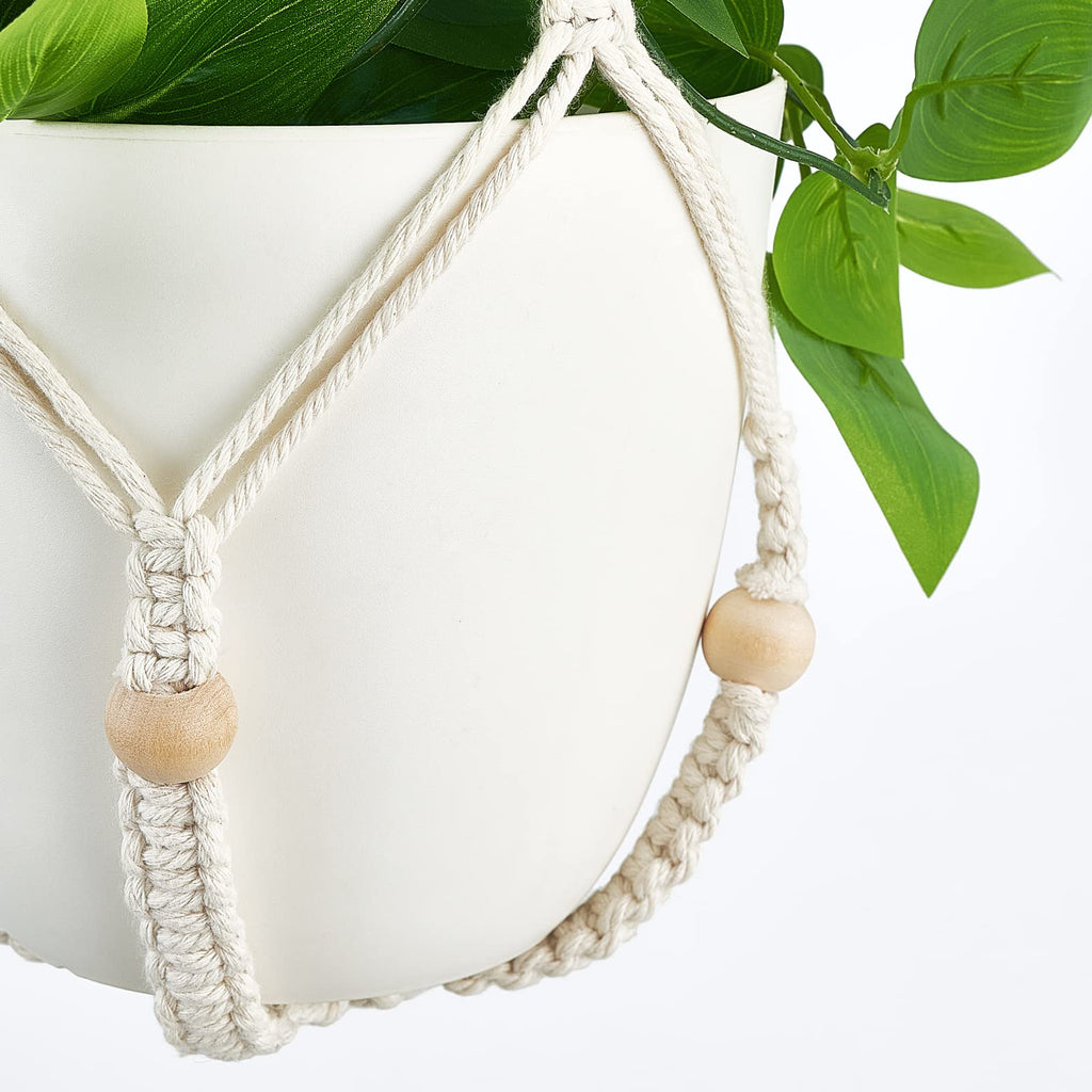 Fake Hanging Plant, Macrame Hanger with Pothos Vines & Pot, Ivory