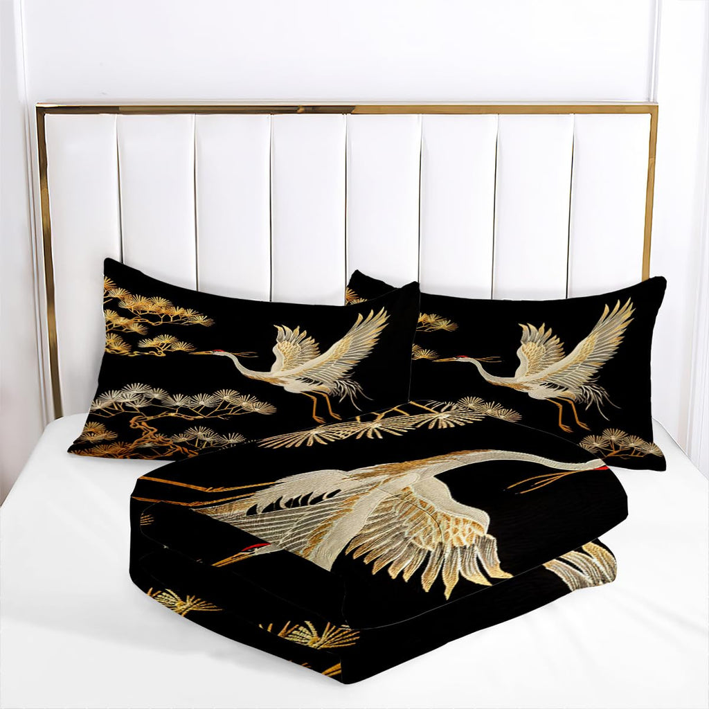 Japanese Style Comforter Set Queen Size Black Gold Pine and Crane Bedding Set 3D Vintage Chinoiserie Printing Bedding
