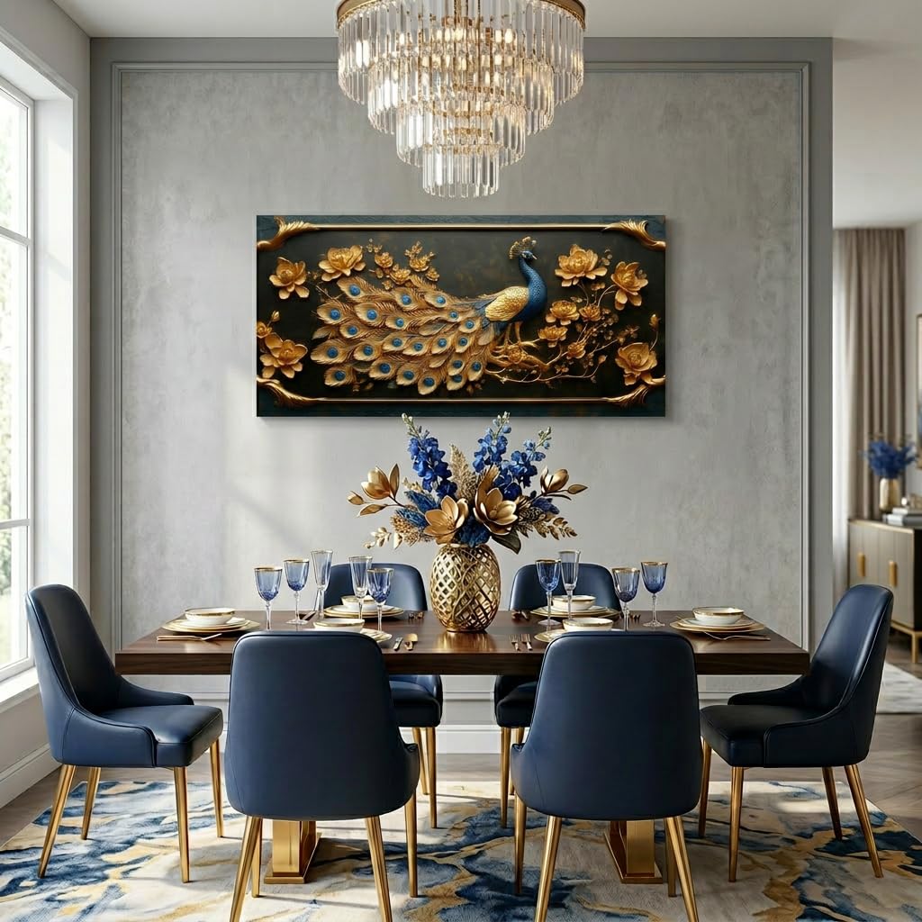 Pretty Peacock Wall Art Office Gold Country Rustic Retro Asian Canvas Painting Prints Golden Vintage Elegant Peackock