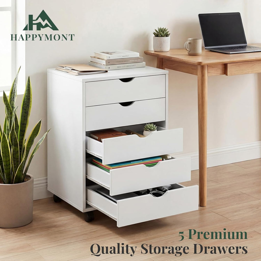 5 Drawer Mobile File Cabinet, Printer Stand with Wheels | Wood Under Desk Storage Cabinet, Rolling Printer Cart