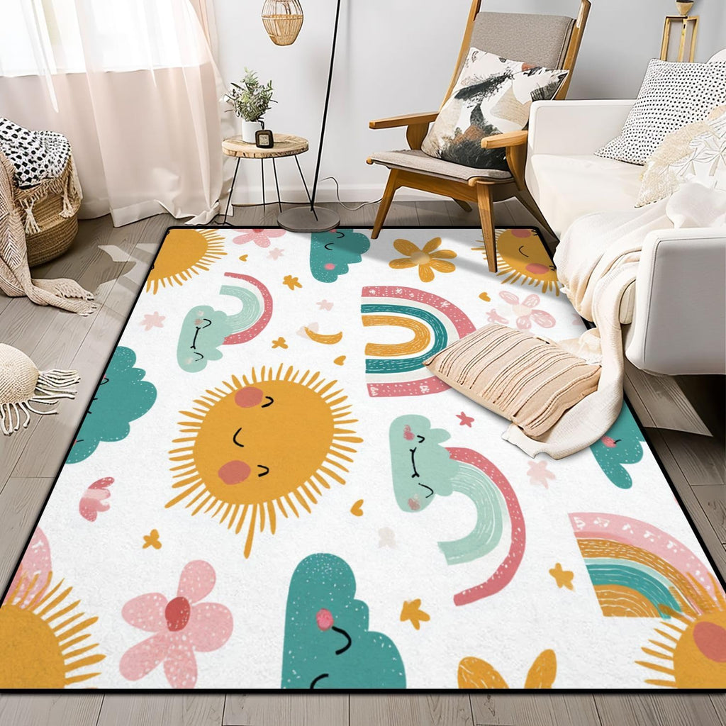 .3 Area Rug Low Pile Seamless Childish Rainbows Sun Moon Scandi Washable Throw Rug Non-Slip Non-Shedding Rug