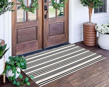 Black and White Striped Outdoor Rug 24"x51"Cotton Layering Front Porch Rug