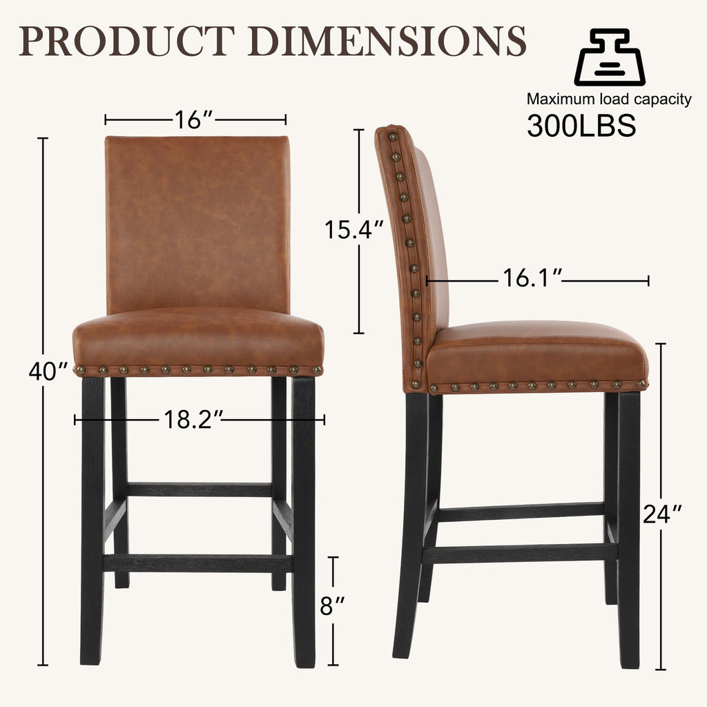 Upholstered Counter Stool, 24" Seat Height, Solid Wood Frame, 300 lbs Cap, PU Leather or Fabric, Nailhead Trim